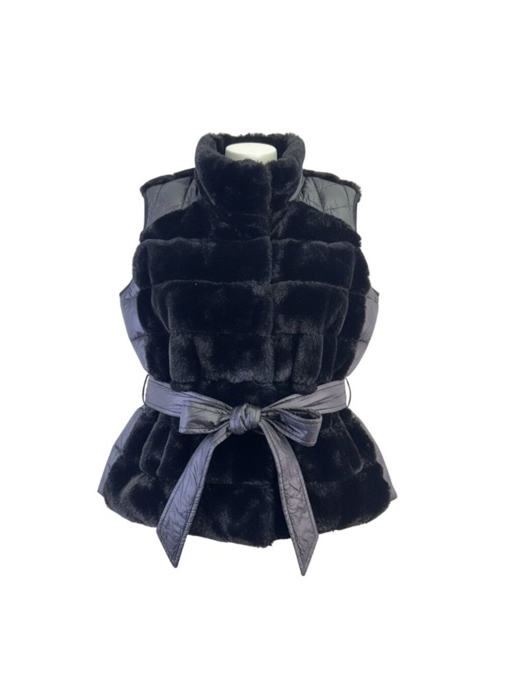 DKNY Womens Black Faux Fur & Nylon Tie-Waist Puffer Full-Zip Vest Size L